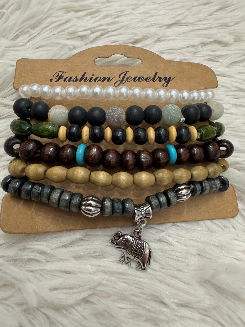 Multi-colored beaded bohemian bracelet set of 6 with elephant charm